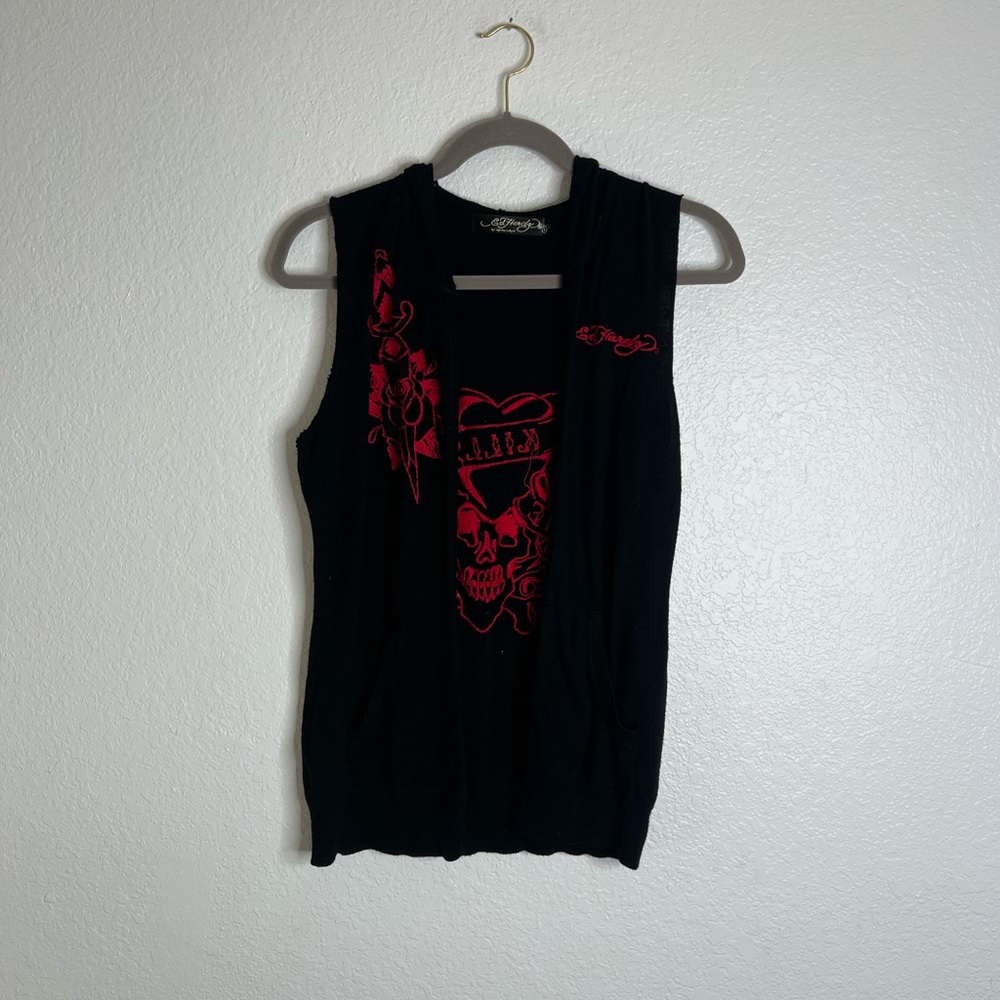 Vintage Ed Hardy Black and Red Stitched Sweatshirt Vest Size Large
